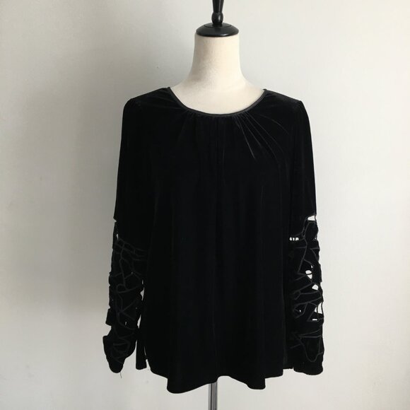 JOIE Black Velvet/Velour Perforated Cut Out Long Sleeve Slit Hem Shirt - Picture 4 of 10